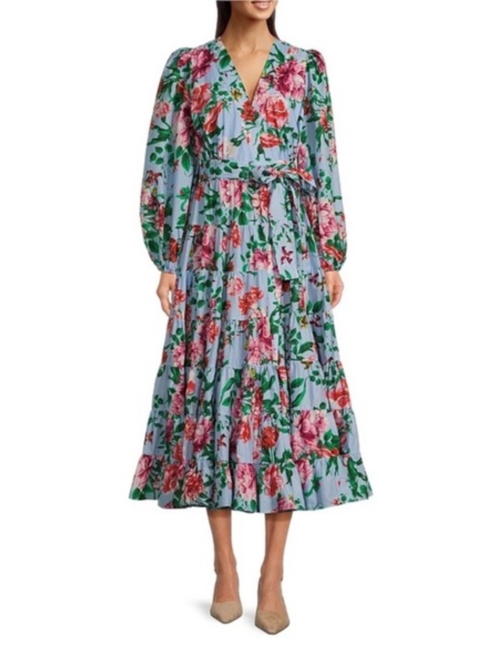 Gibson Latimer Light Blue Floral Wrap Midi Dress with Pink & Red Blooms